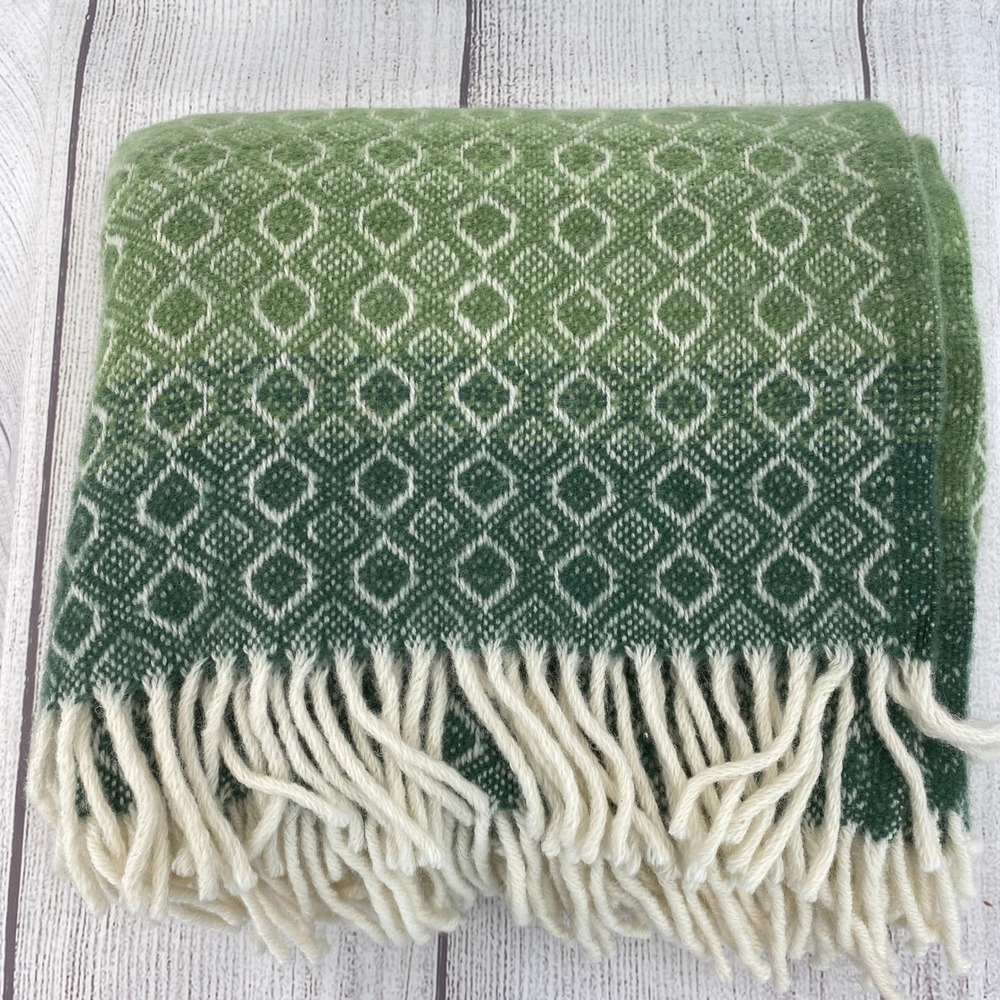 Klippan Lambswool Throw Blanket 51x78 Green Diamond Gradient Fringe Ombre